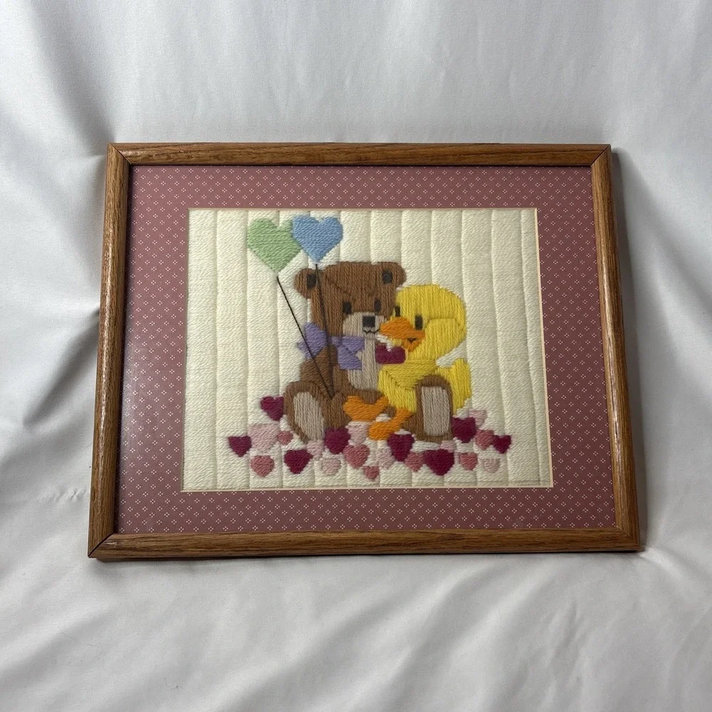 Vtg Crewel Embroidery Creative Circles Little Buddies Bear Duck Framed‎ Picture